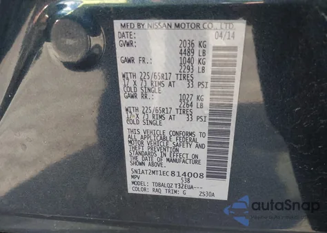 2014 Nissan Rogue Sv z USA, uszkodzony, nr VIN 5N1AT2MT1EC814008